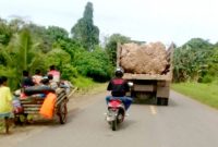 truck bermuatan batu besar melintasi jalan raya dari Desa Momujiu