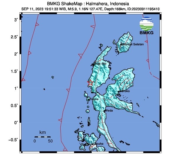 Gempa Bumi berskala 5,9 Magnitudo guncang Wilayah Maluku Utara, Senin (11/09/2023)