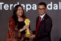Direktur Utama PLN Darmawan Prasodjo (kanan) menerima penghargaan Detikcom Awards 2023 yang diserahkan oleh Staf Khusus Presiden RI sekaligus CEO Trans Digital Lifestyle Group,  Putri Tanjung (kiri), pada Kamis (21/9), di Jakarta. PLN dinobatkan menjadi perusahaan Terdepan dalam Wujudkan Transisi Energi
